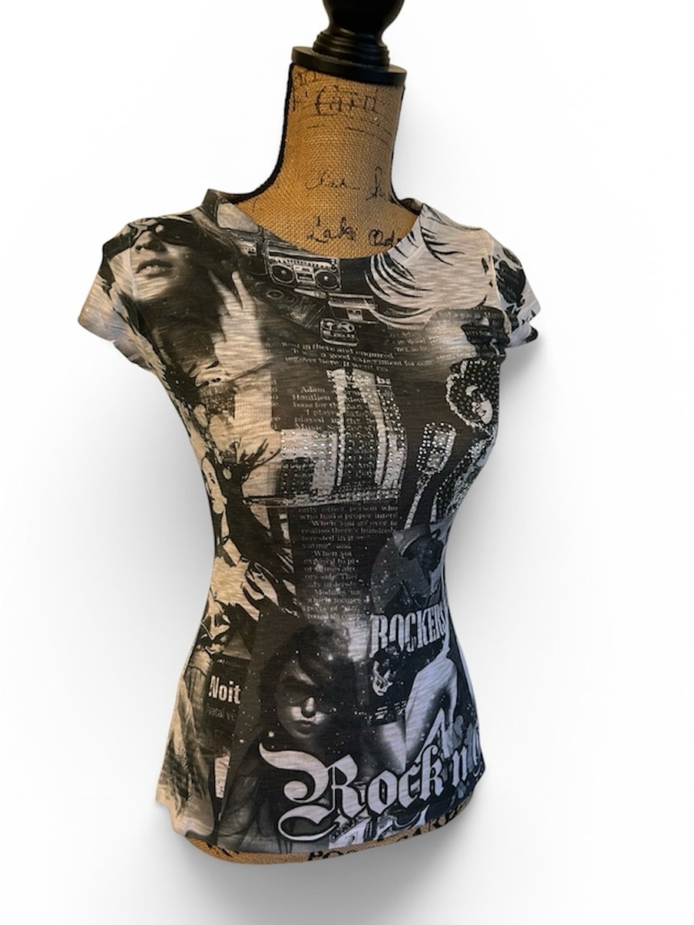 Davida Black & White Rock Graphic Short Sleeve Tee Rhinestones Small
